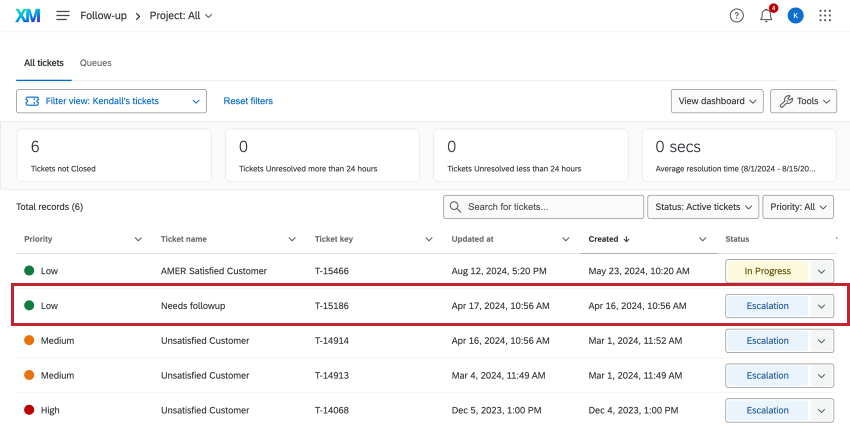 ticket in the follow up page table