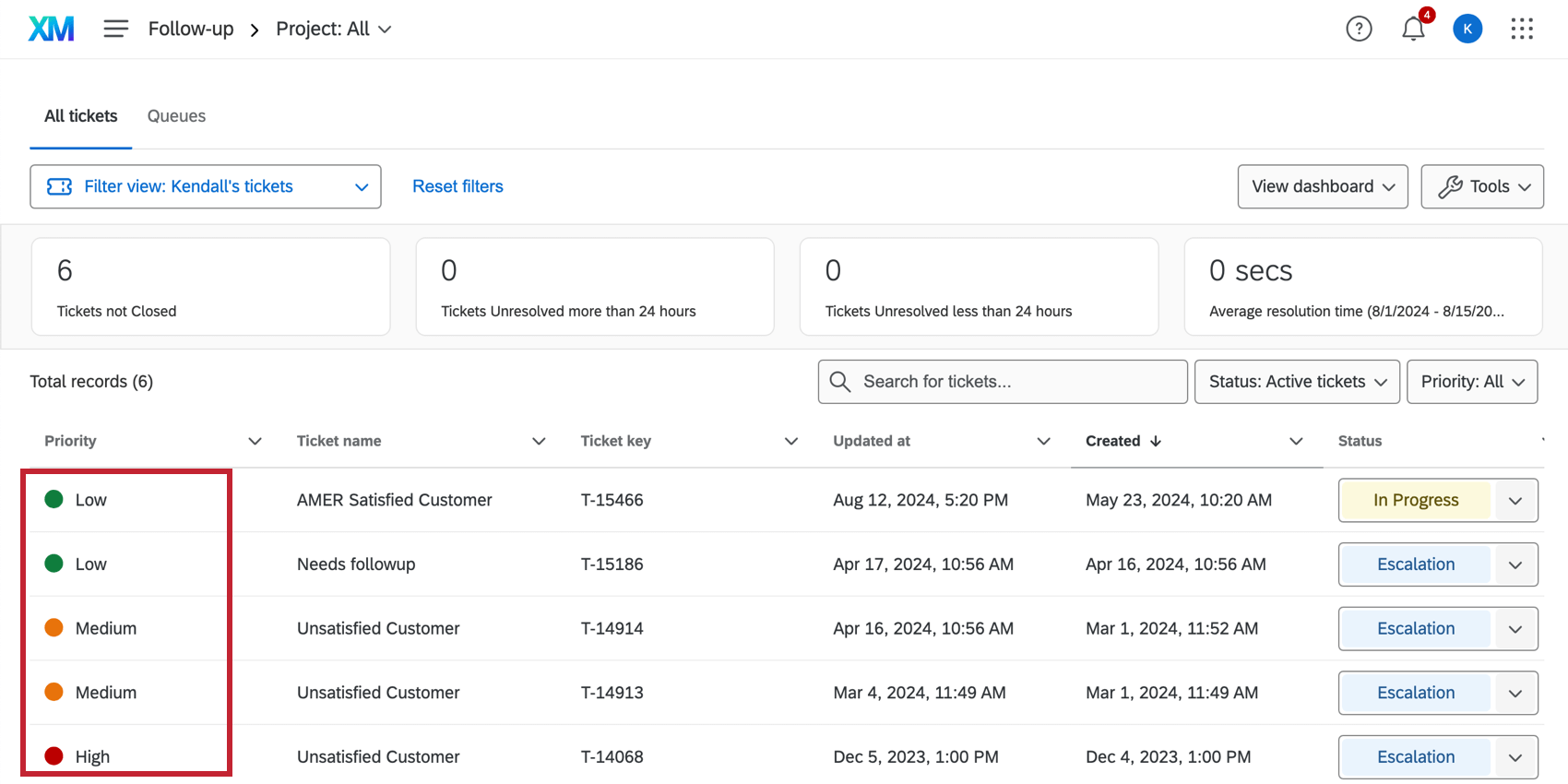 Priority column in the follow-up page table