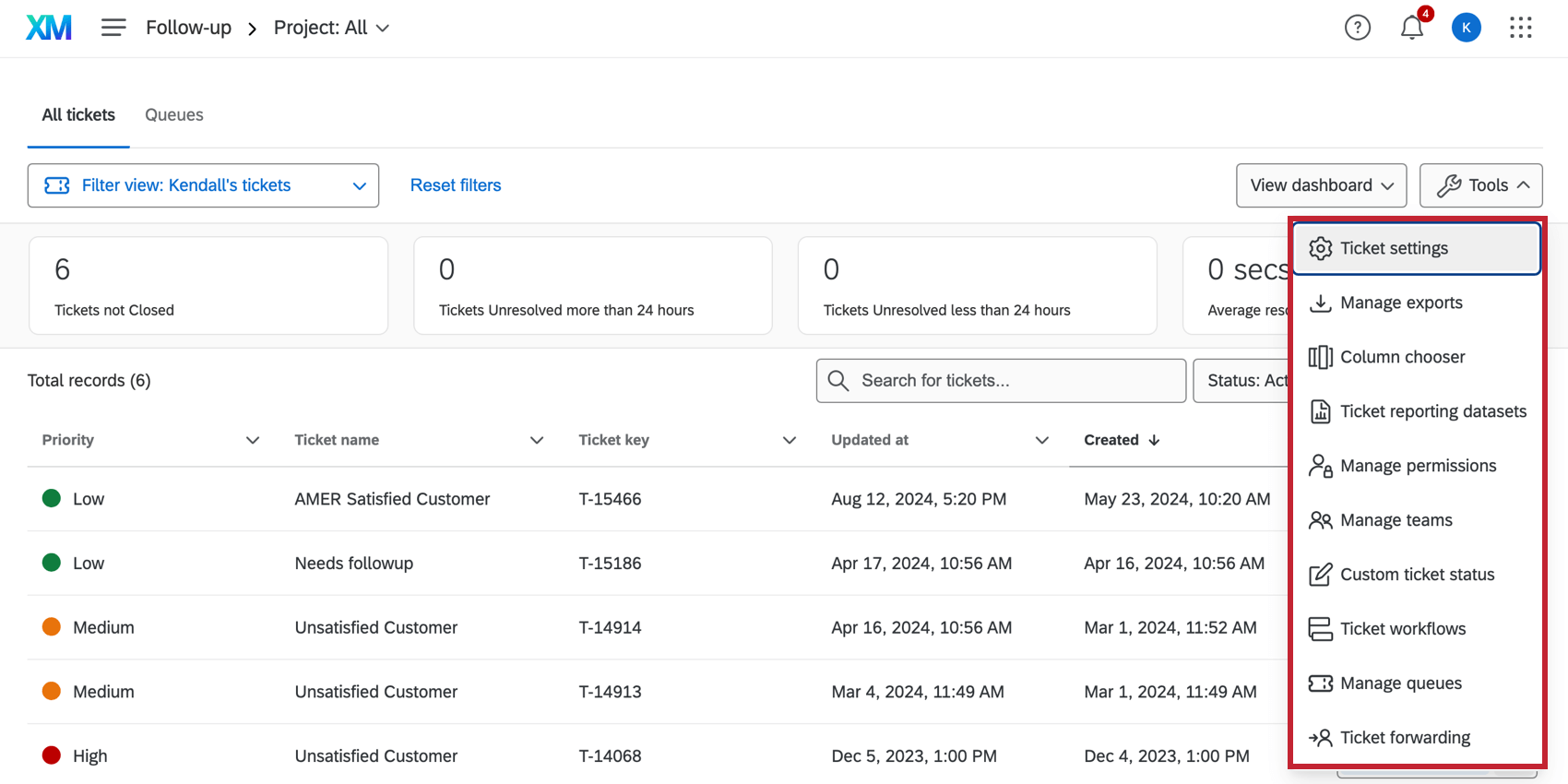 On the follow up page, the tools menu is expanded