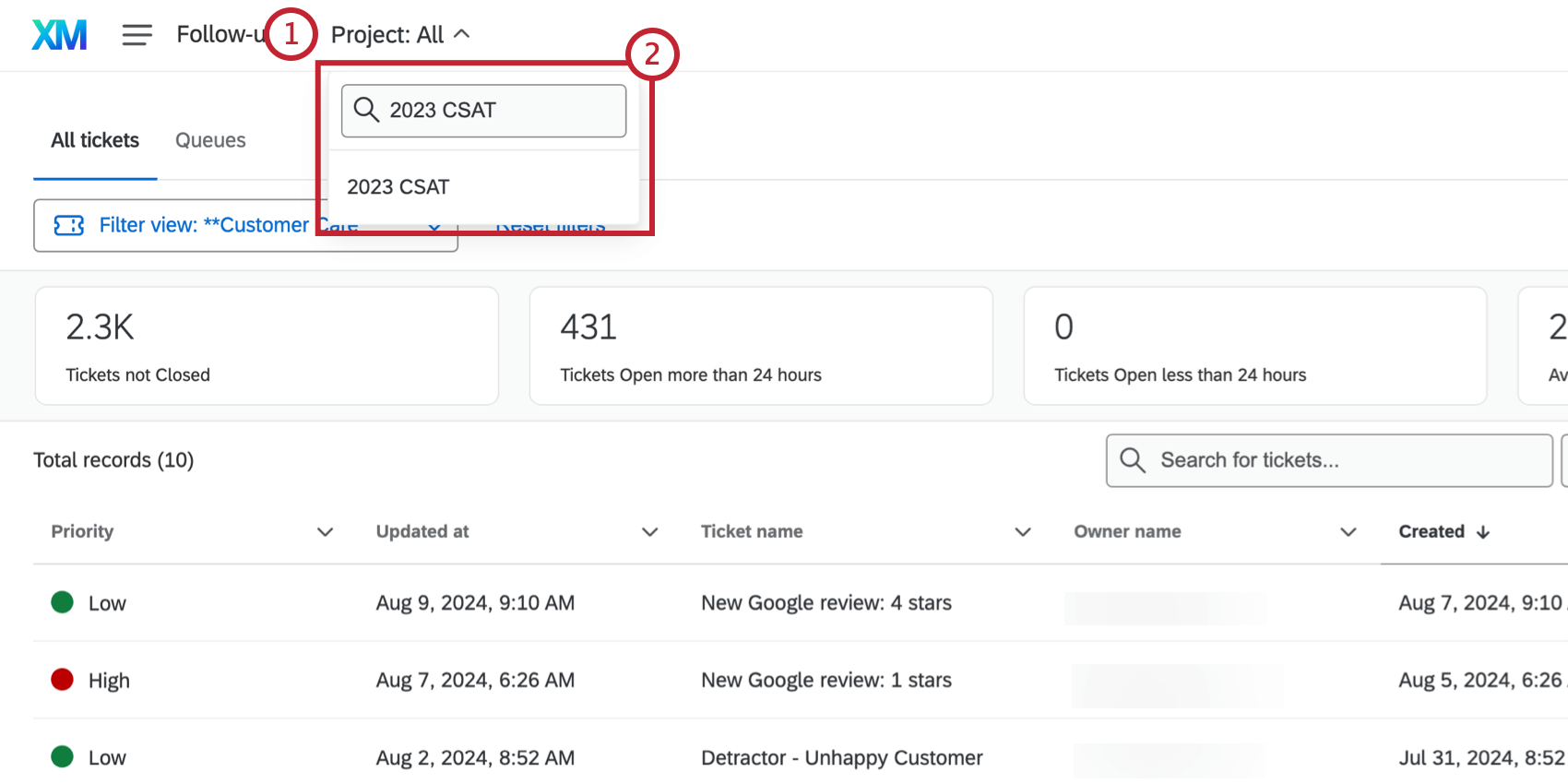 Project dropdown to filter the follow-up page