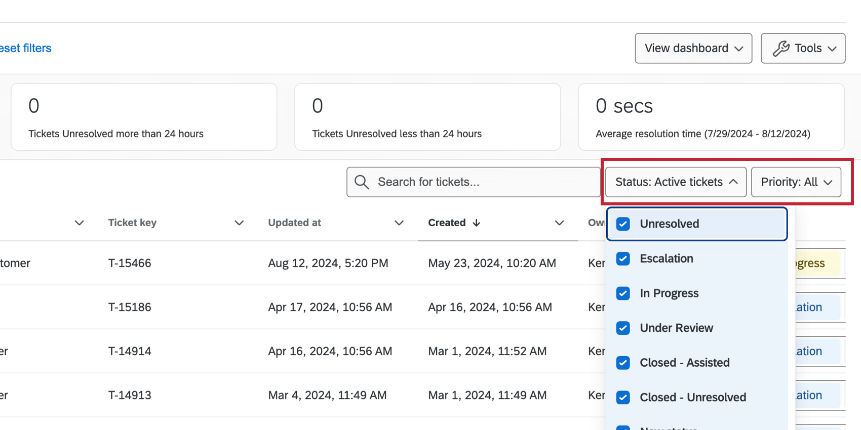 Status dropdown menus