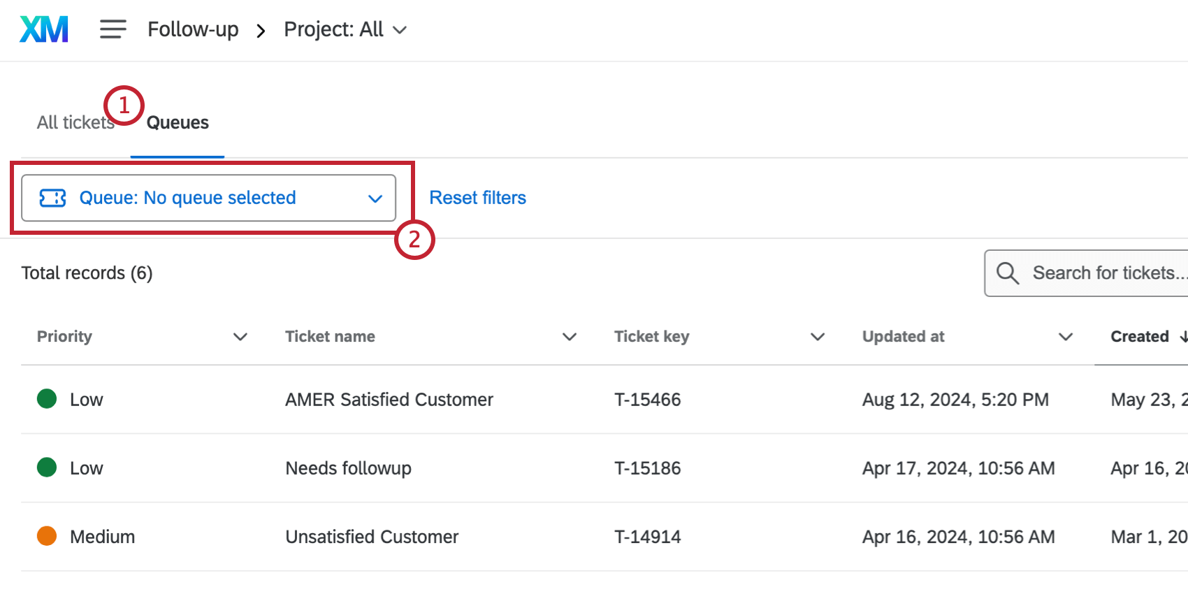 Queues tab with the queue dropdown menu