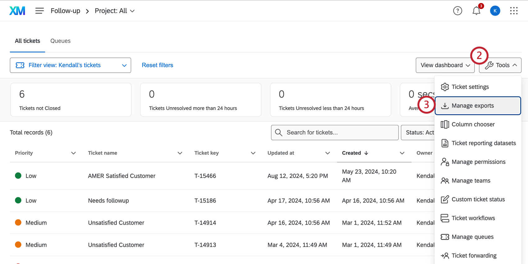 In der App "Tickets" wird das Werkzeuge aufgeklappt.