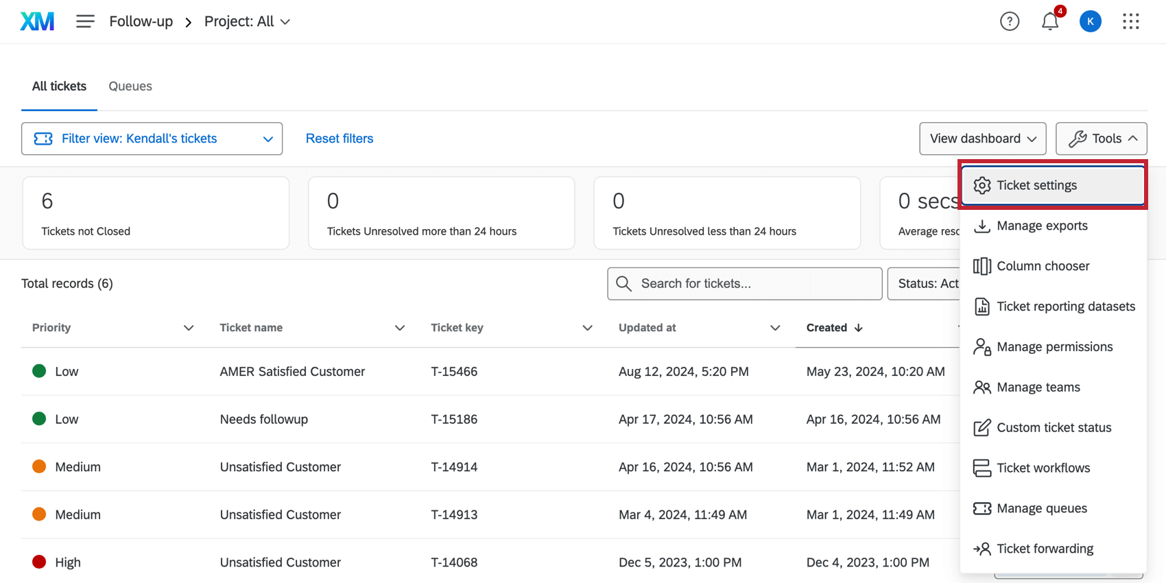 チケット設定を強調表示したツールドロップダウン