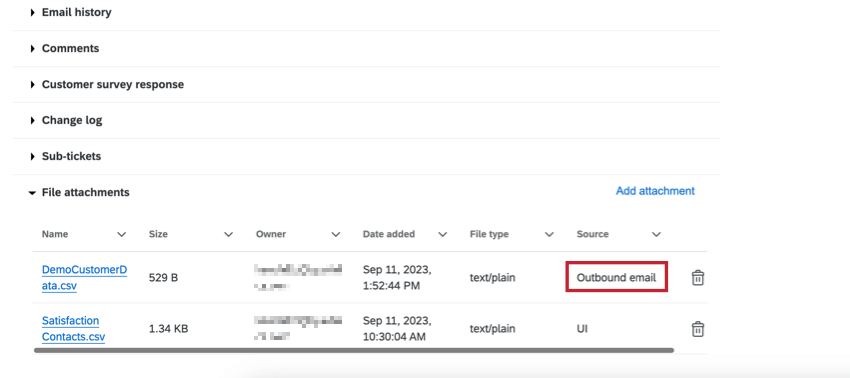 Coluna de e-mail de saída nos detalhes tíquete
