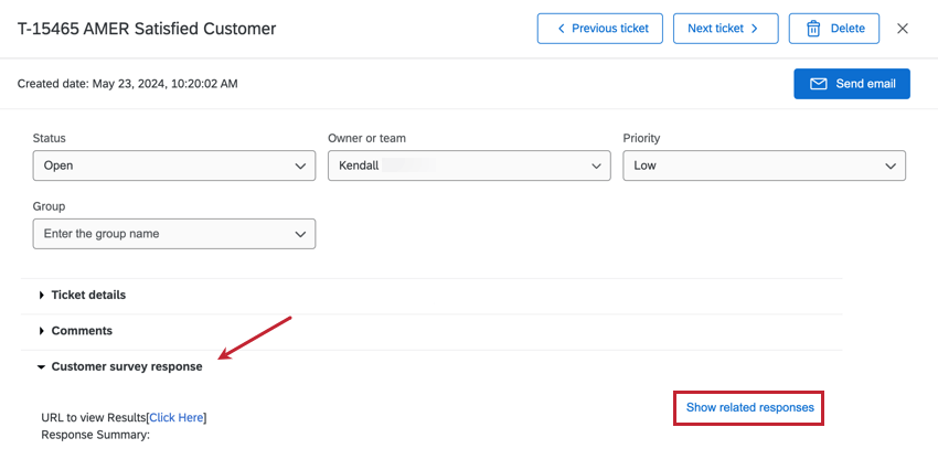 Show related responses button underneath the Customer survey response section