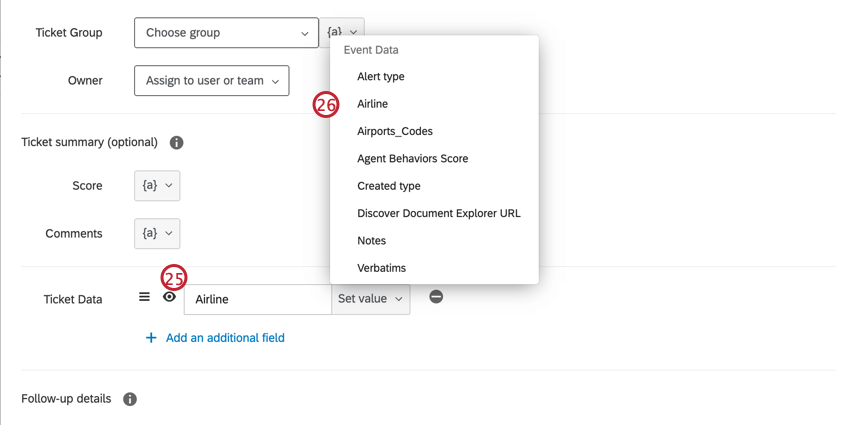 Valeurs des données du ticket Création de ticket