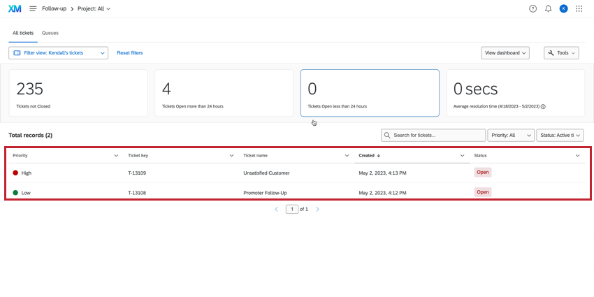 Aprire i ticket nella pagina di follow-up