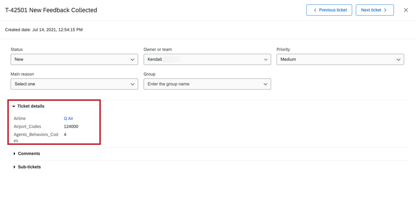 Detalhes Tíquete em um tíquete aberto
