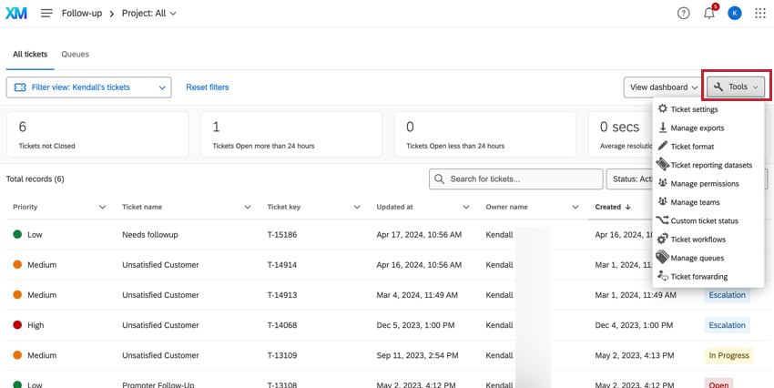 Ticket tools drop-down menu
