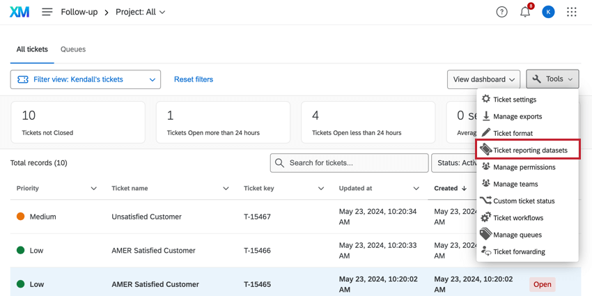 Ticket reprting datasets highlighted in the tools dropdown
