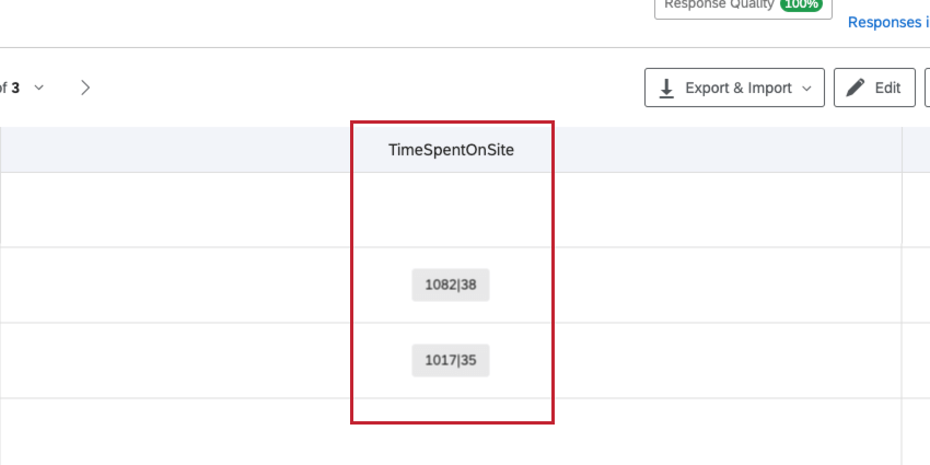 Image of the data recorded for Time Spent on Site. There are two numbers separated by a vertical line |. The number on the left hand side is the total time spent on the site. The number on the right hand side is the time spent focused on site
