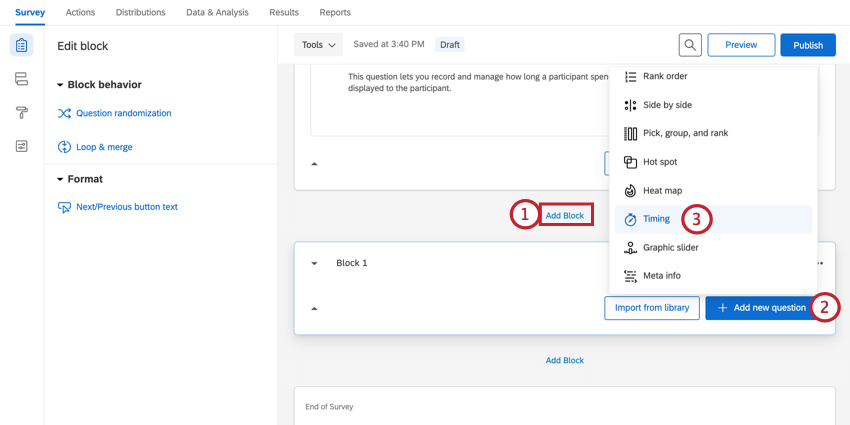 creating a new block and adding a timing question