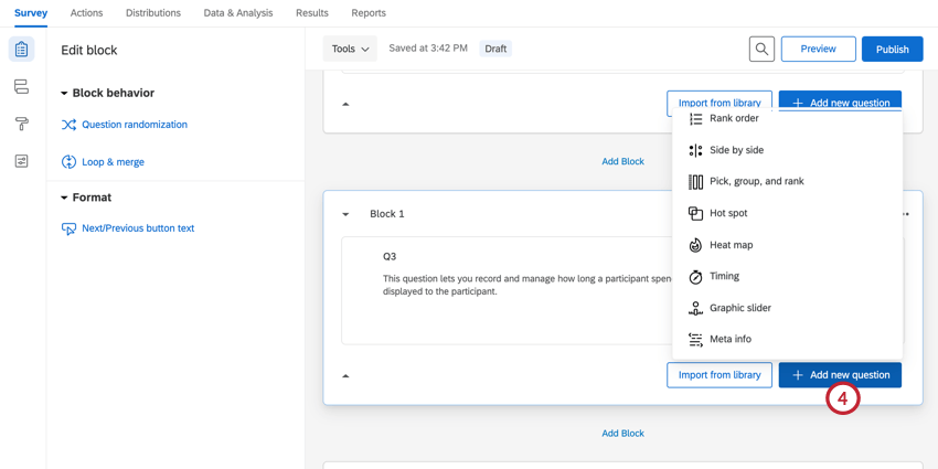 clicking add new question after creating our new block with a timing question