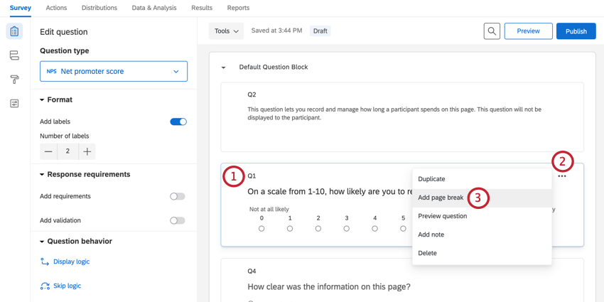 adding a page break in the survey editor