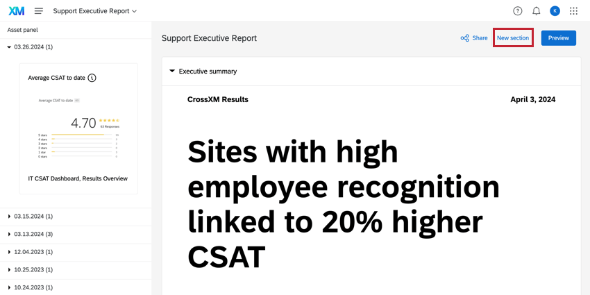 Bouton de nouvelle section surligné