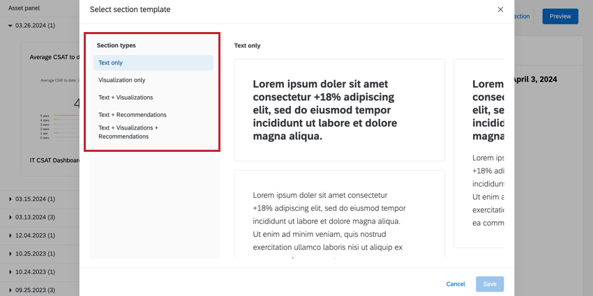Menu des types de sections surligné