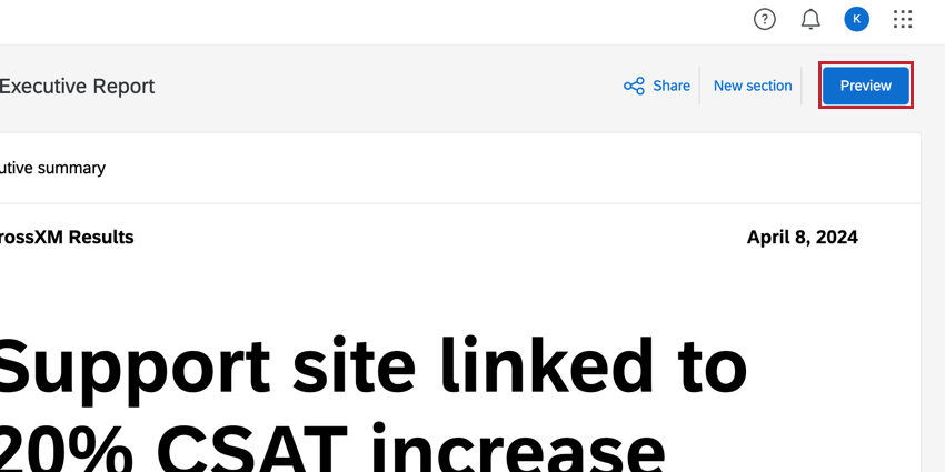 Preview button in the upper right corner of the report