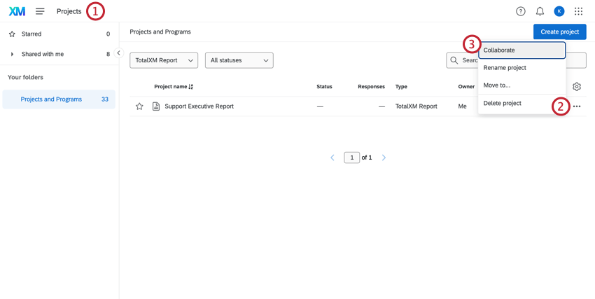Pagina Progetti, menu a tre punti evidenziato a destra di un progetto, opzione Collaborare evidenziata