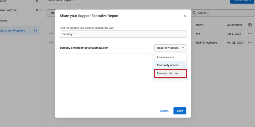 Remove user option in collaboration dropdowns