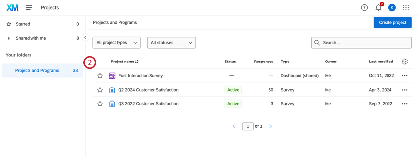 Select project from projects page
