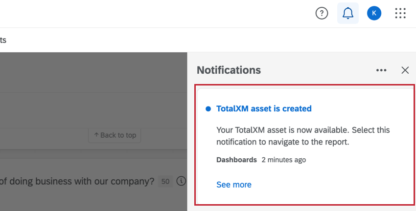 Notification in the notification menu