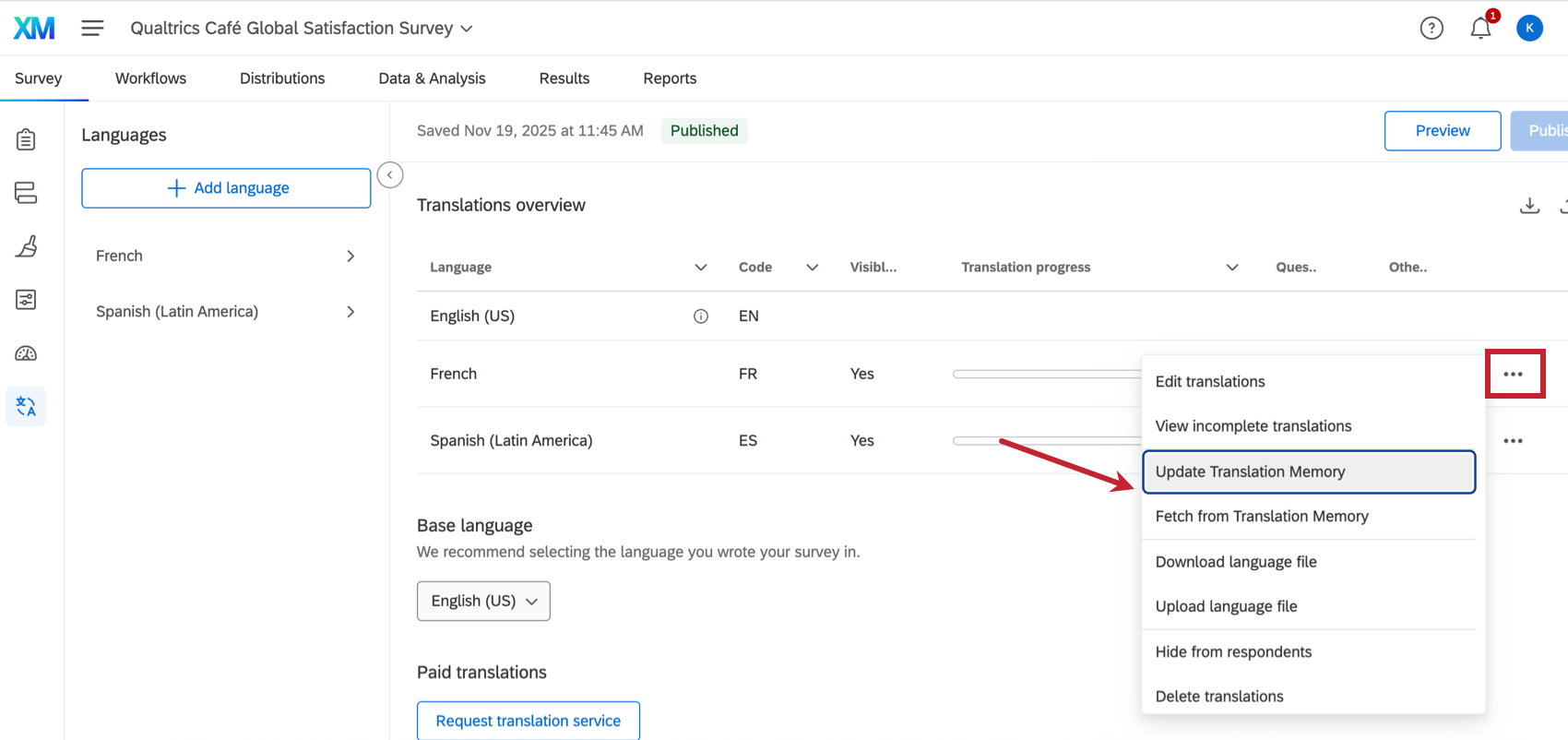 Options de mémoire de traduction dans le menu à trois points de longlet traduction