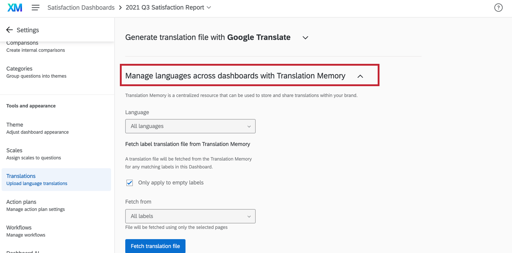 Administrar la memoria de traducción en la configuración del Tablero