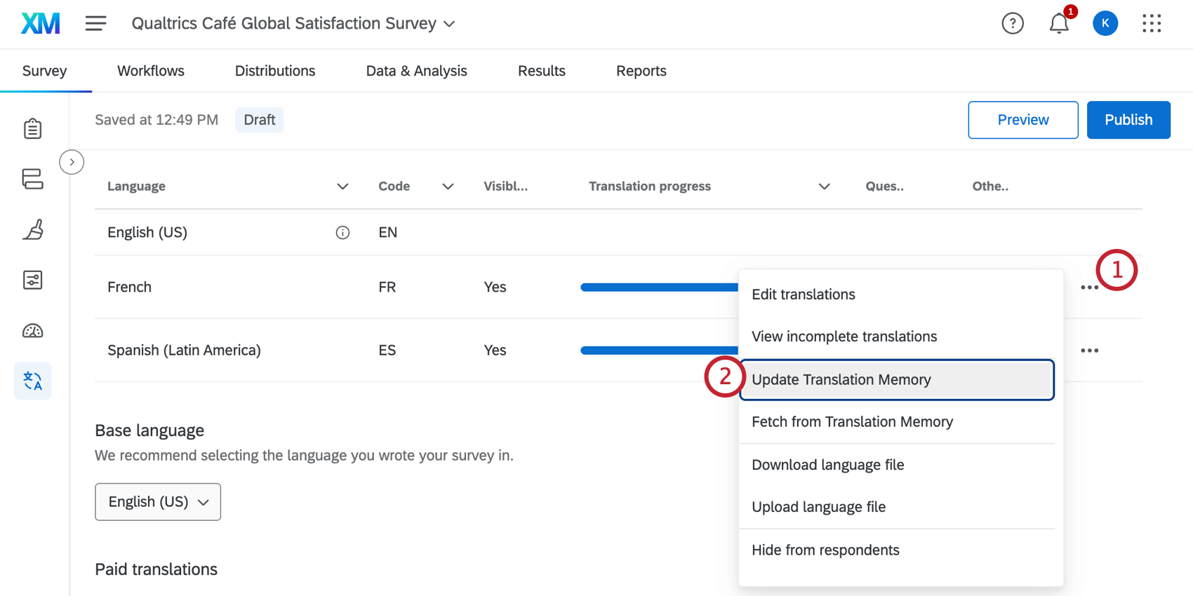Option de mise à jour de la mémoire de traduction