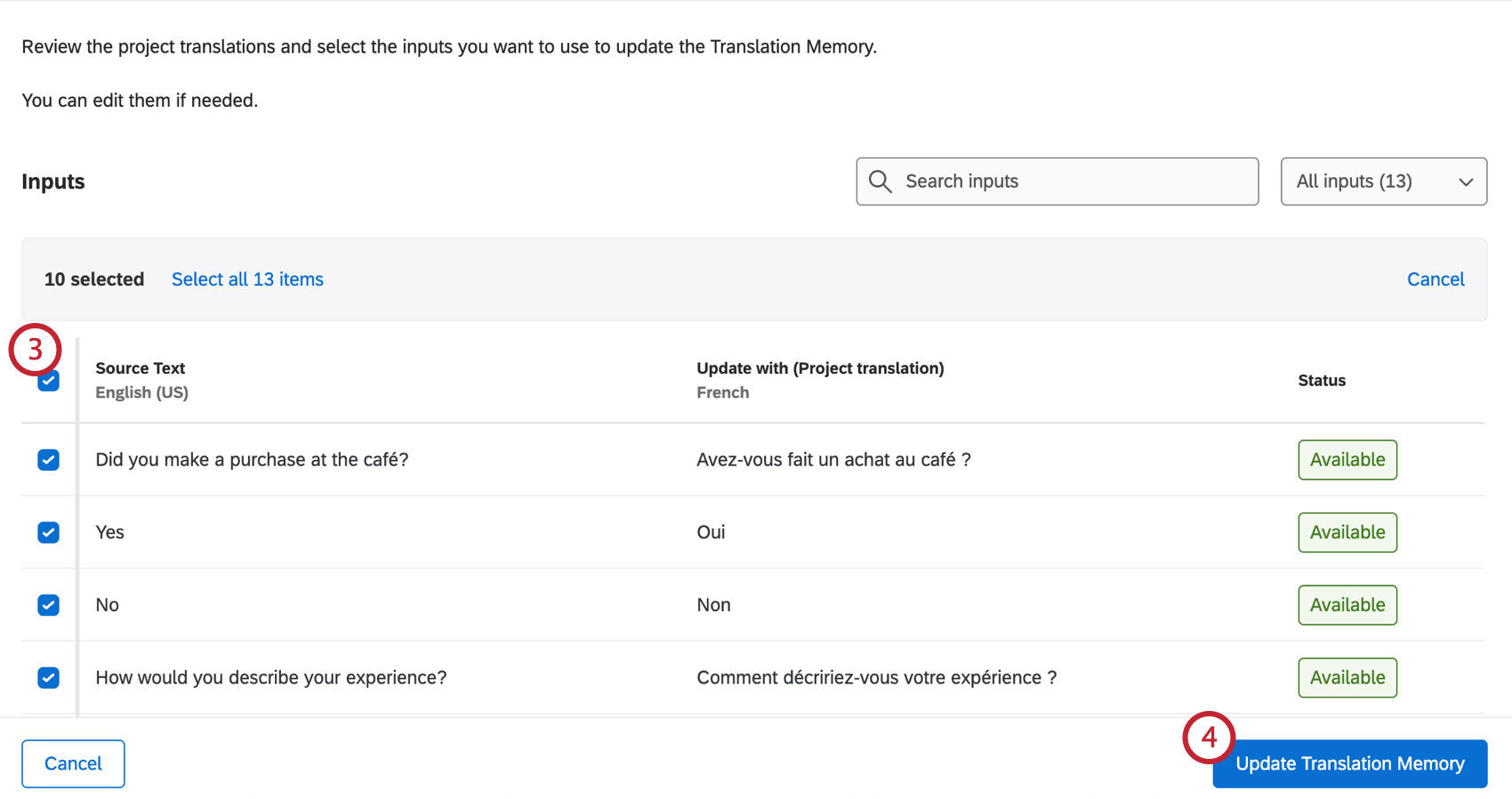 Tabla con todas las traducciones que selecciones mediante casillas de verificación qué traducciones quieres actualizar