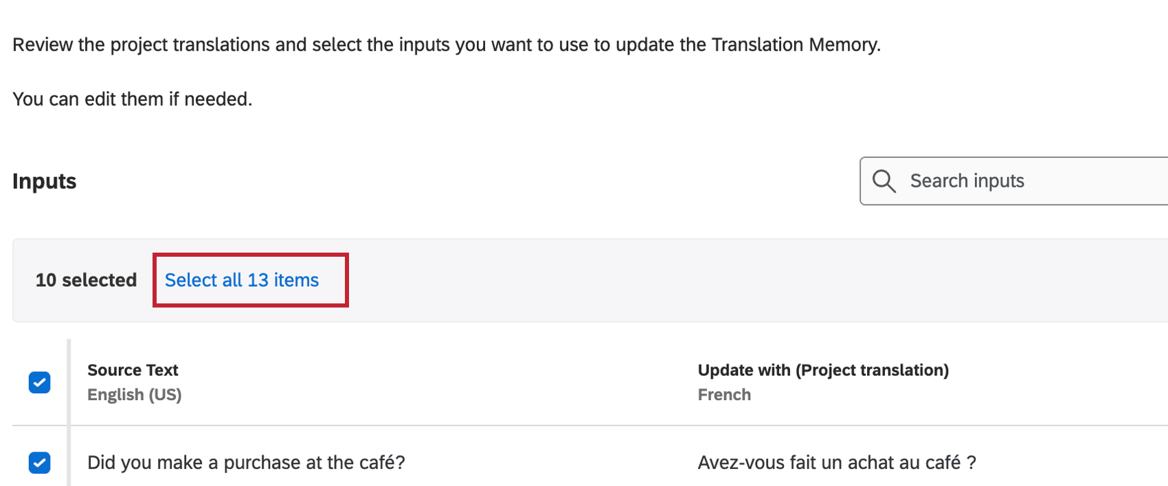 Option to select all items that pops up in above the translation memory table