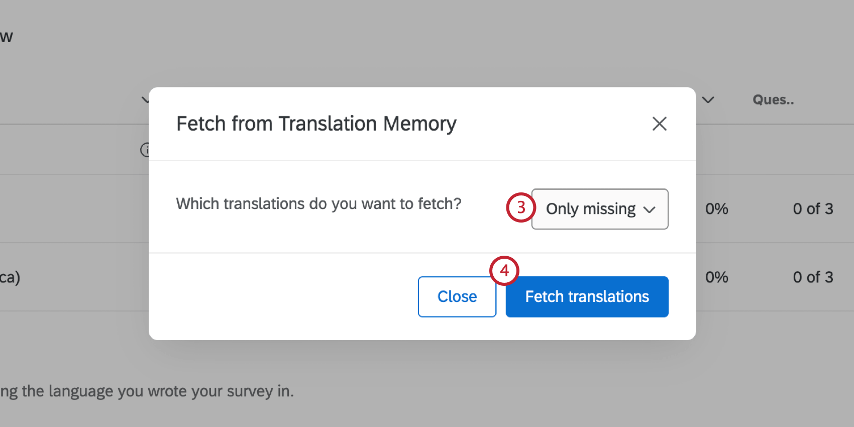 Menu déroulant permettant de sélectionner toutes les traductions manquantes ou seulement les traductions manquantes