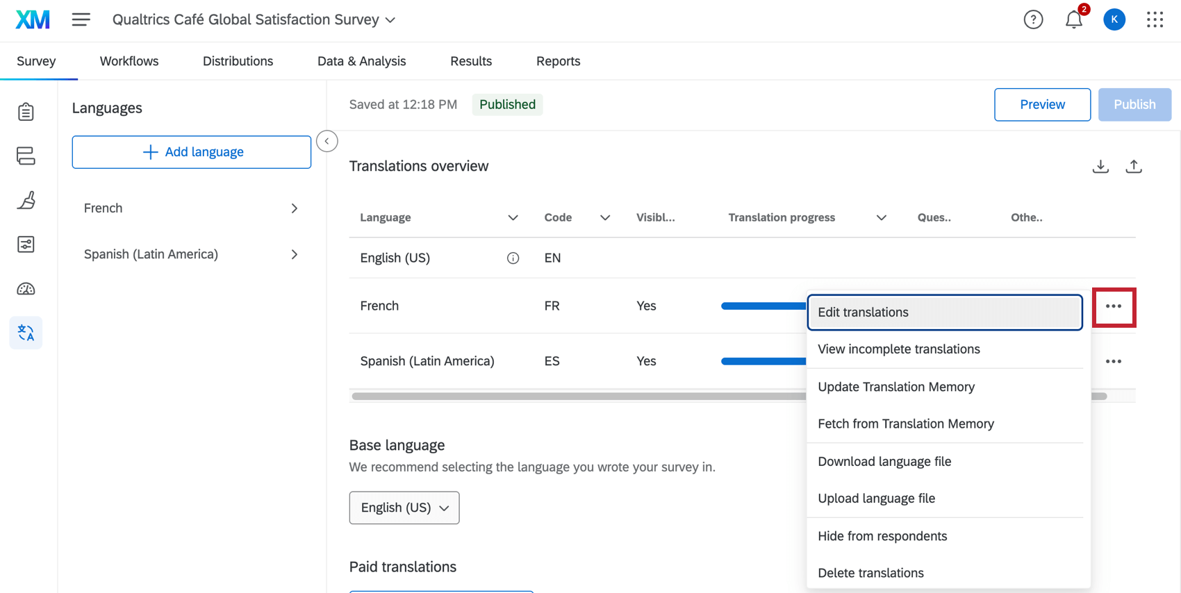 abriendo el menú de opciones para una traducción