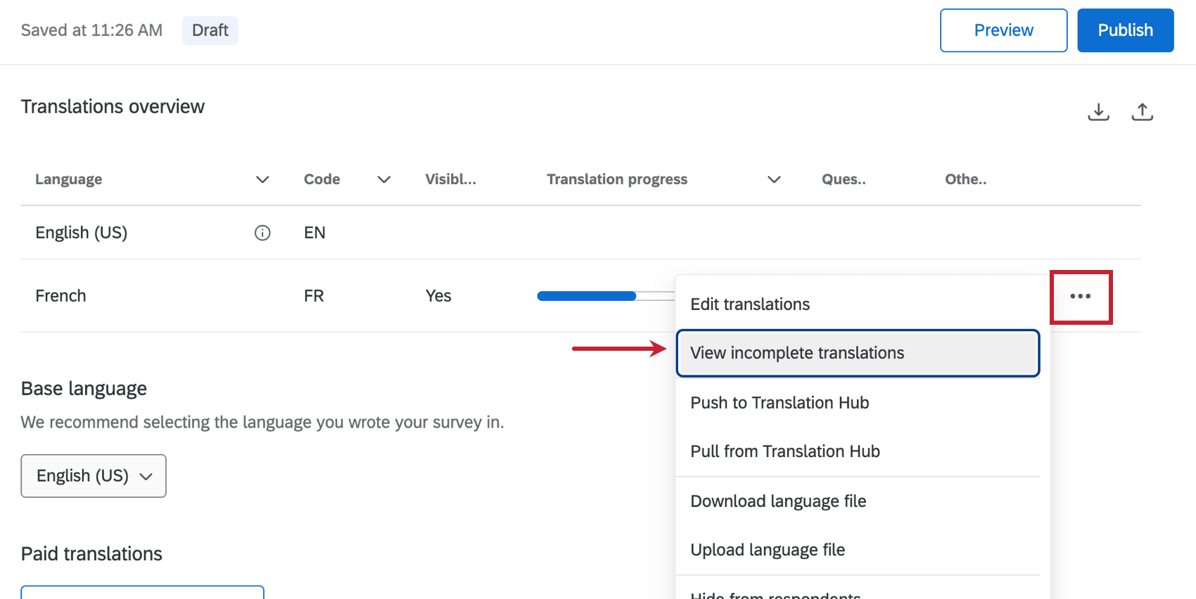 3 dot menu with the incomplete translations option selected