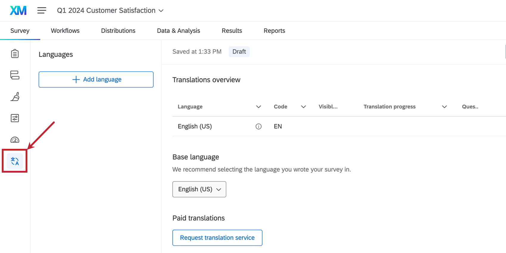 En las opciones de la encuesta, en la parte inferior izquierda, Traducciones es lo último que aparece.