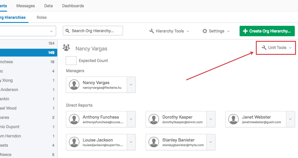Unit Tools button on the upper-right of the Org Hierarchies section
