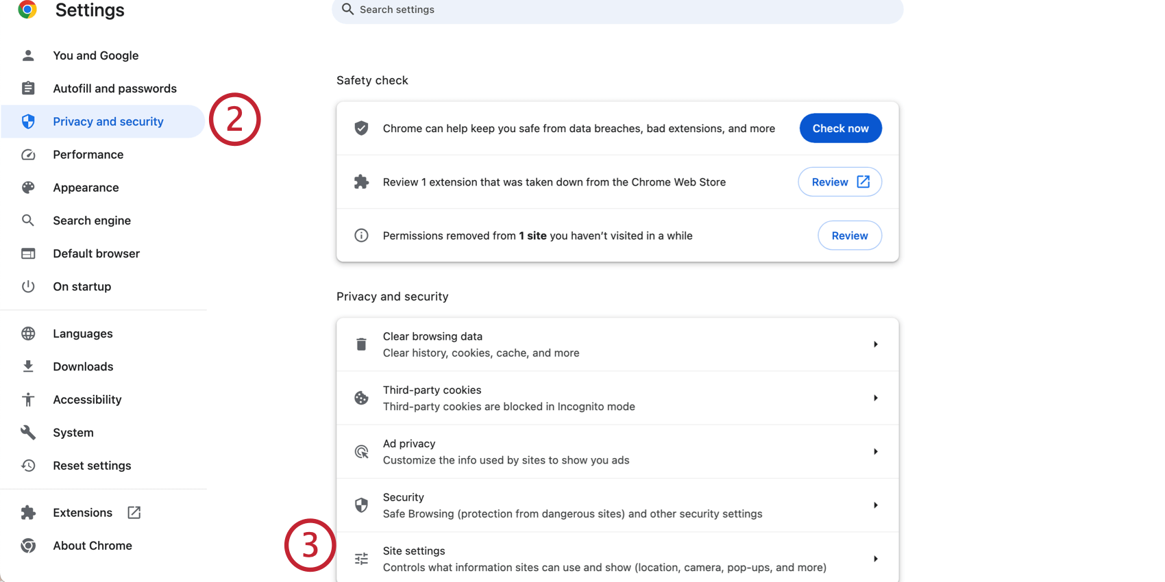 google chrome privacy and security settings with site settings tab highlightedd
