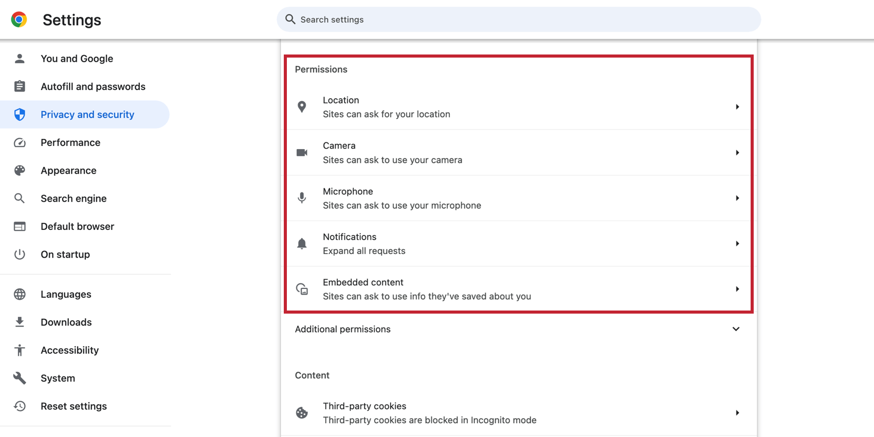 Permissões do Chrome