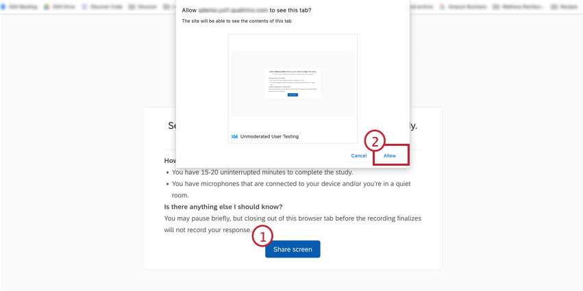 Share screen and give permission