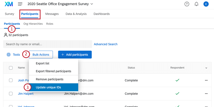 dans longlet participants, cliquer sur bulk actions puis sur update unique ids