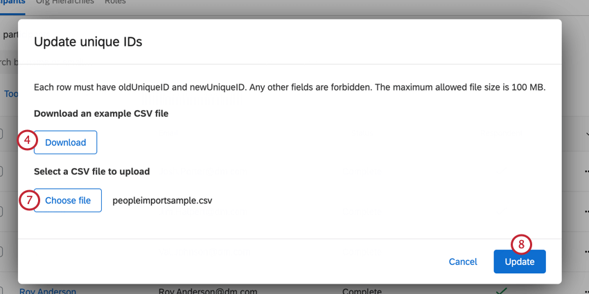 downloading the example csv, uploading it, and then updating unique ids