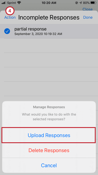 téléchargement dune réponse partielle. loption de téléchargement des réponses est visible après avoir appuyé sur actions