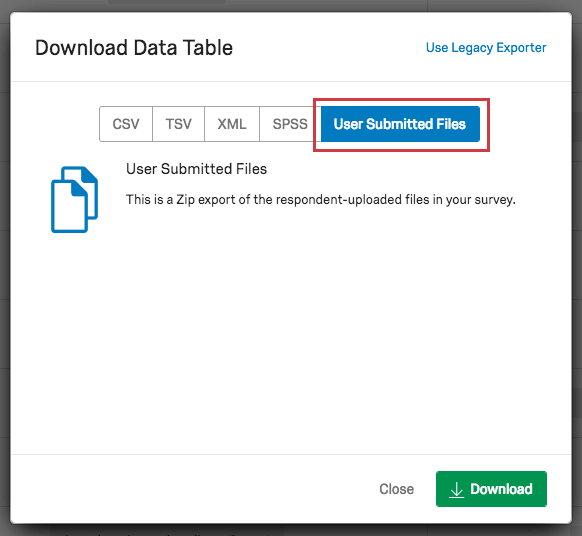 Opción Archivos enviados por el usuario del menú Descargar tabla de datos
