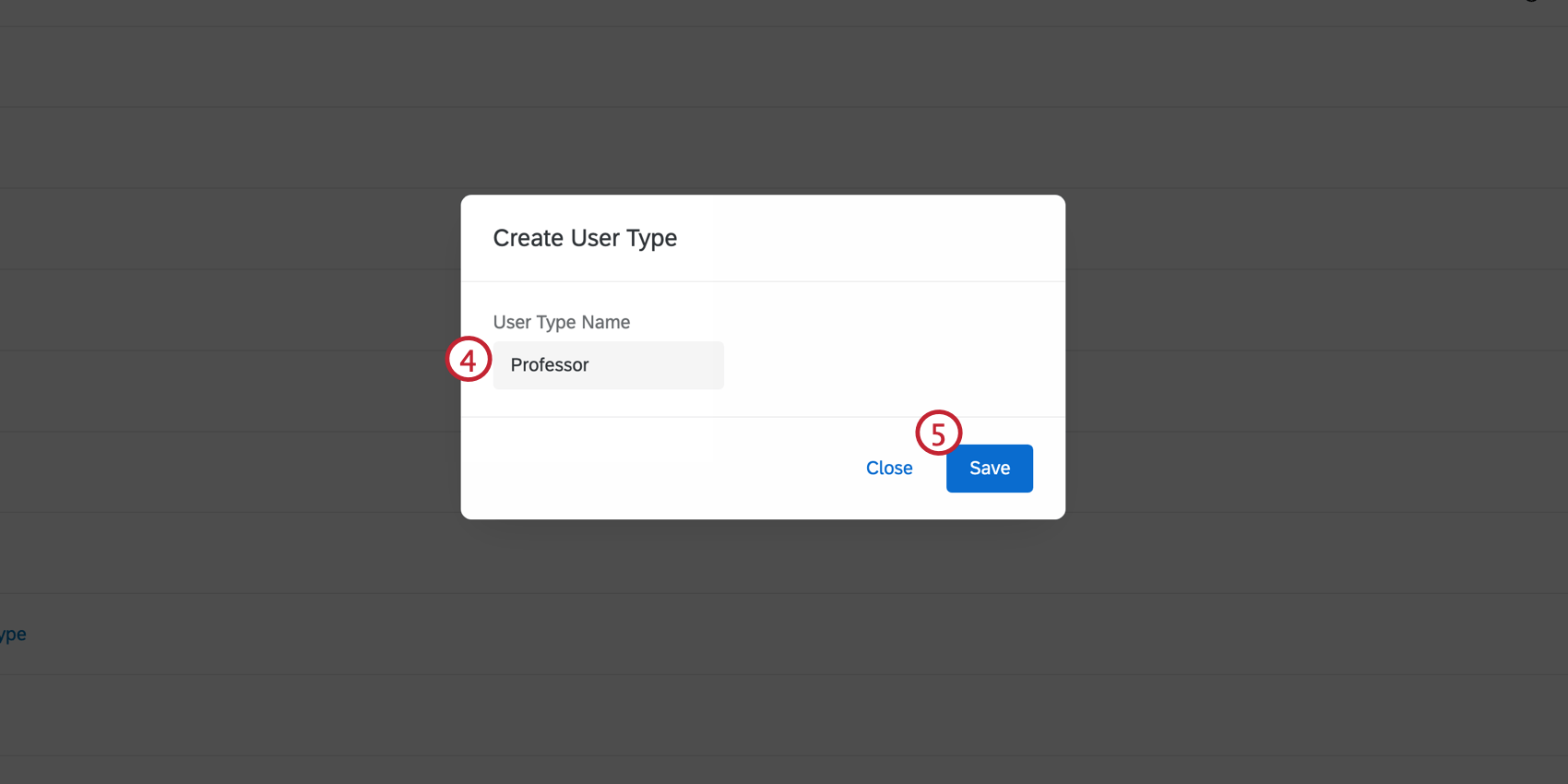 Shows how to name and save a new user type using the pop-up menu.