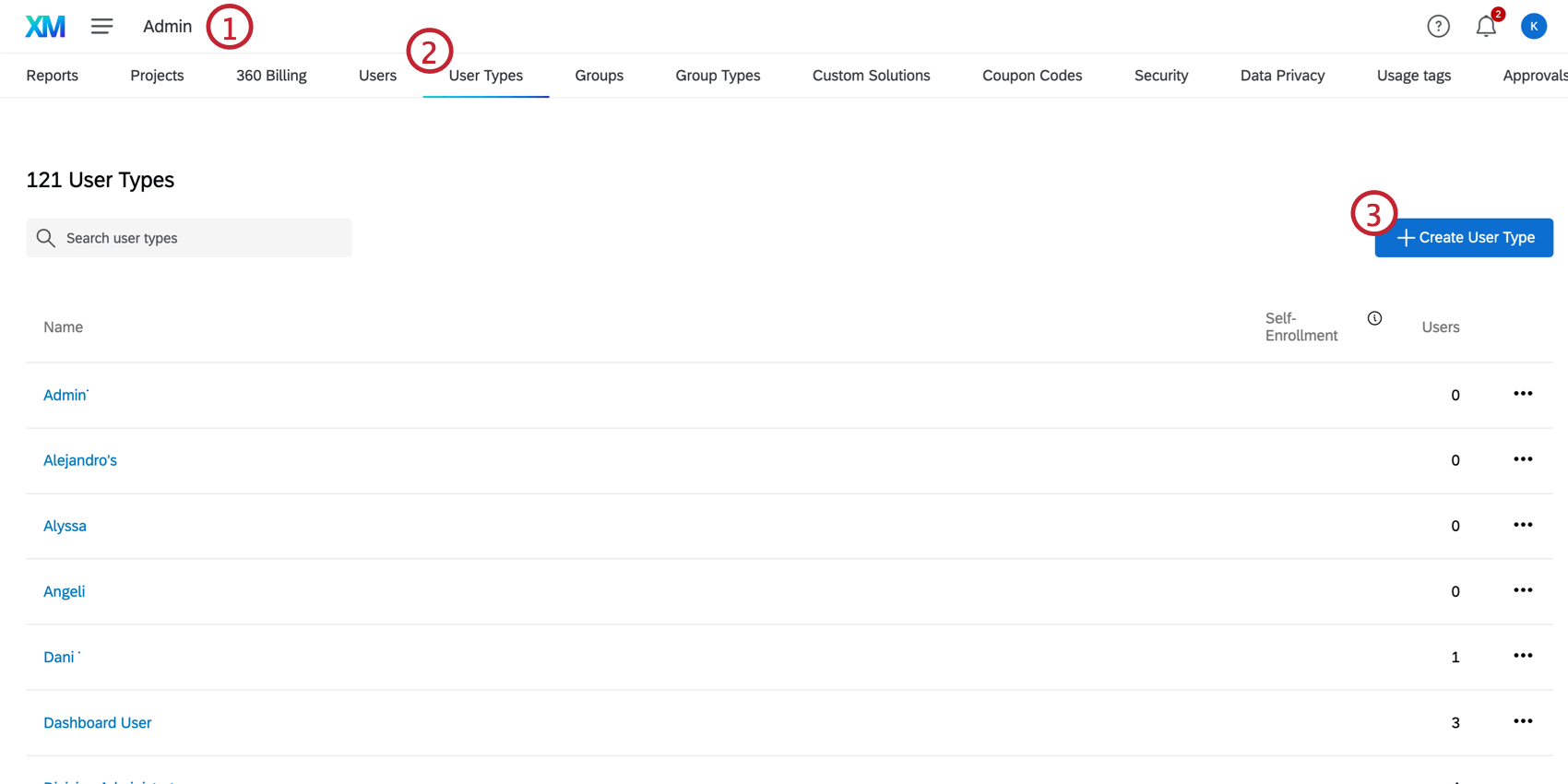 Shows how to navigate to the user types page.