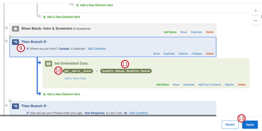 Branch with a condition created, then an embedded data element with the optimizer field