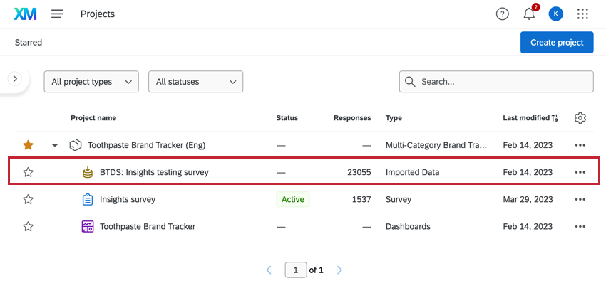 Lorigine dati del tracker del brand nella lista progetti