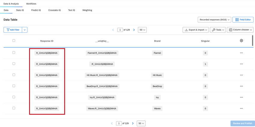 Highlighted the response ID column