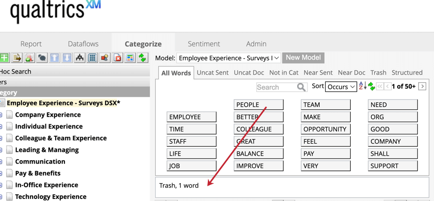 Key words and an arrow pointing to the trash tab