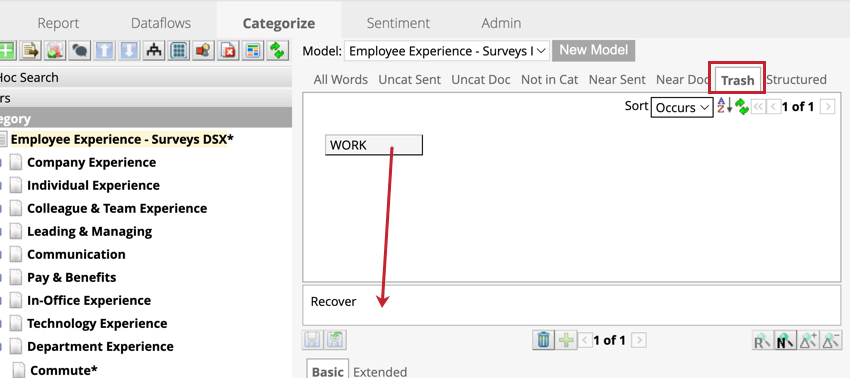 Shows the trash tab and highlights a term that can be dragged to the recovery box